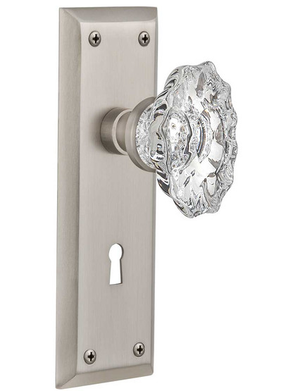 New York Door Set with Keyhole and Chateau Crystal Glass Knobs in Satin Nickel.